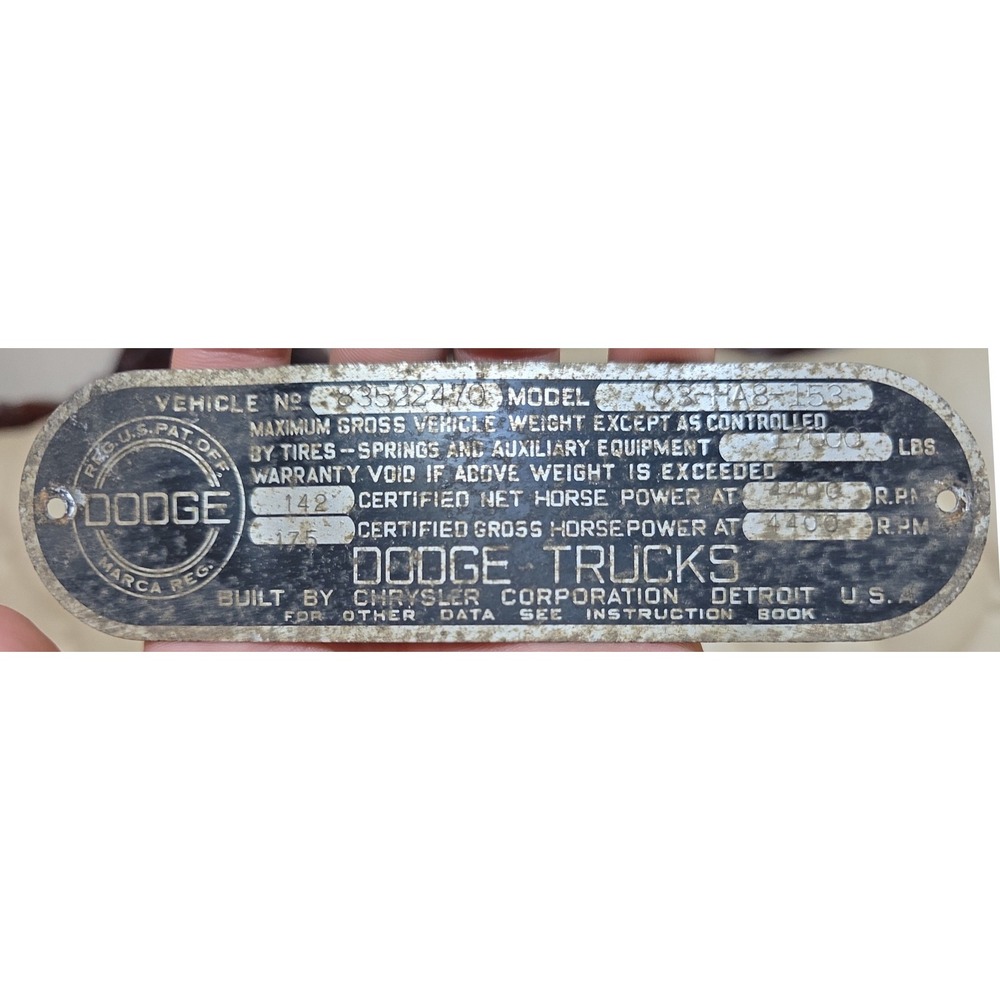1955 Dodge 2 Ton Truck Data Plate Dodge Trucks Built by Chrysler Corporation